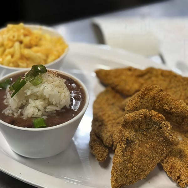Noonie's Place soul food: fried fish, red beans and rice, and macaroni and cheese.
